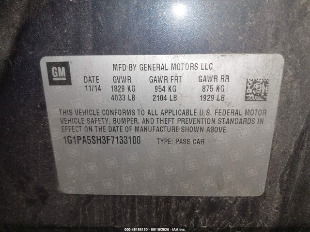 Auction sale of the 2015 Chevrolet Cruze Ls Auto, vin: 1G1PA5SH3F7133100, lot number: 45158150