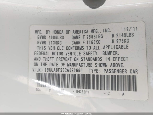 2012 Acura Tl 3.5 მანქანა იყიდება აუქციონზე, vin: 19UUA8F58CA020660, აუქციონის ნომერი: 45158155