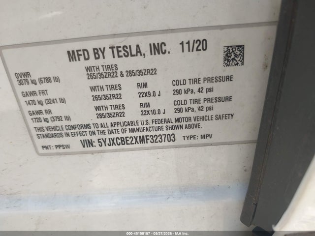 45158157 :رقم المزاد ، 5YJXCBE2XMF323703 vin ، 2021 Tesla Model X Long Range Dual Motor All-wheel Drive/long Range Plus Dual Motor All-wheel Drive مزاد بيع