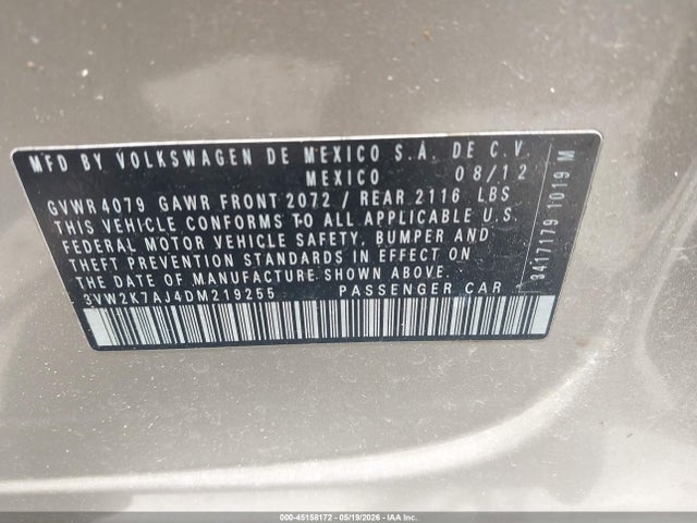 Продаж на аукціоні авто 2013 Volkswagen Jetta 2.0l S, vin: 3VW2K7AJ4DM219255, номер лоту: 45158172