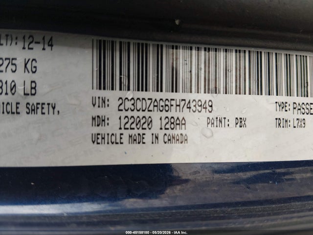 Aukcja sprzedaży 2015 Dodge Challenger Sxt, vin: 2C3CDZAG6FH743949, numer aukcji: 45158180