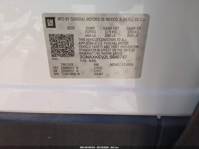 2020 Chevrolet Equinox Fwd Lt 1.5l Turbo მანქანა იყიდება აუქციონზე, vin: 3GNAXKEV2LS640747, აუქციონის ნომერი: 45158184