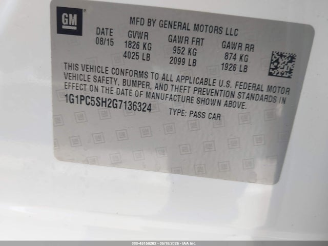 45158202 :رقم المزاد ، 1G1PC5SH2G7136324 vin ، 2016 Chevrolet Cruze Limited Ls Auto مزاد بيع