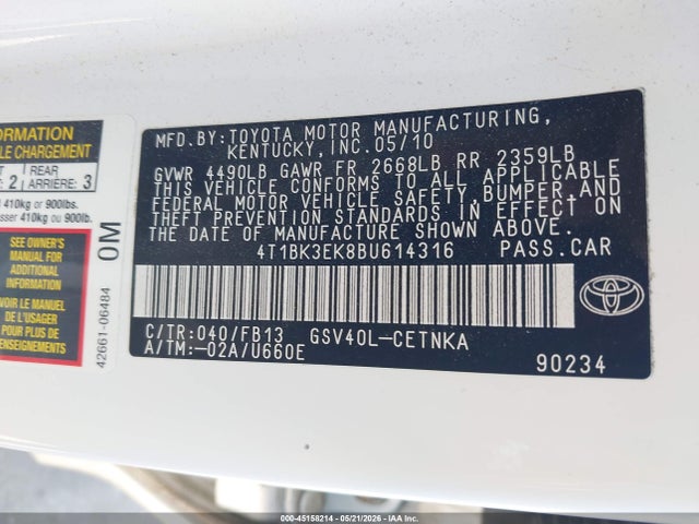 Aukcja sprzedaży 2011 Toyota Camry Le V6, vin: 4T1BK3EK8BU614316, numer aukcji: 45158214