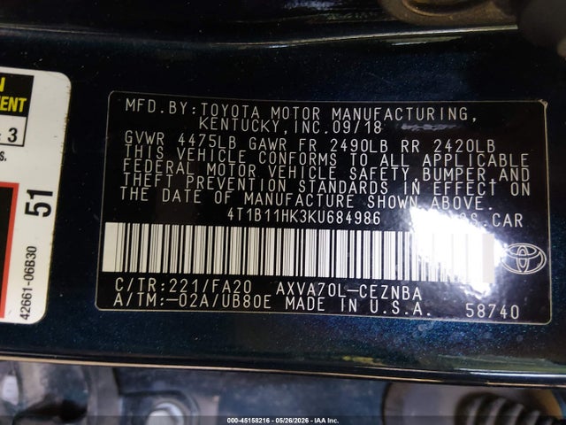 Auction sale of the 2019 Toyota Camry Le, vin: 4T1B11HK3KU684986, lot number: 45158216