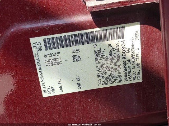45158226 :رقم المزاد ، 1N4AA5AP0DC800804 vin ، 2013 Nissan Maxima 3.5 S مزاد بيع