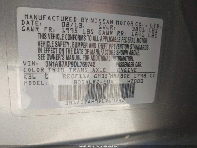 Aukcja sprzedaży 2013 Nissan Sentra Sr, vin: 3N1AB7AP9DL769742, numer aukcji: 45158231