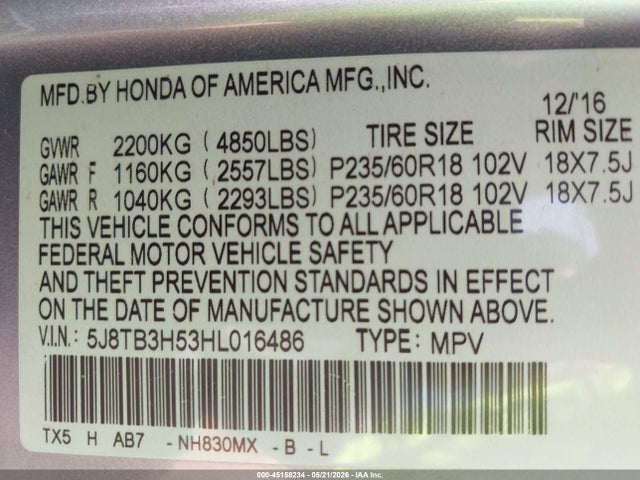 Aukcja sprzedaży 2017 Acura Rdx Technology   Acurawatch Plus Packages/w/technology Package, vin: 5J8TB3H53HL016486, numer aukcji: 45158234