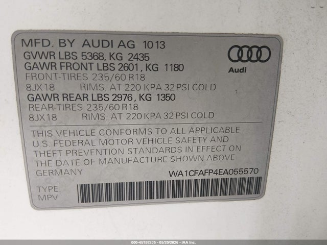 Продажа на аукционе авто 2014 Audi Q5 2.0t Premium, vin: WA1CFAFP4EA055570, номер лота: 45158235