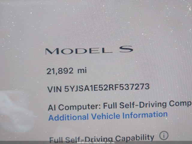 Aukcja sprzedaży 2024 Tesla Model S Long Range, vin: 5YJSA1E52RF537273, numer aukcji: 45158274