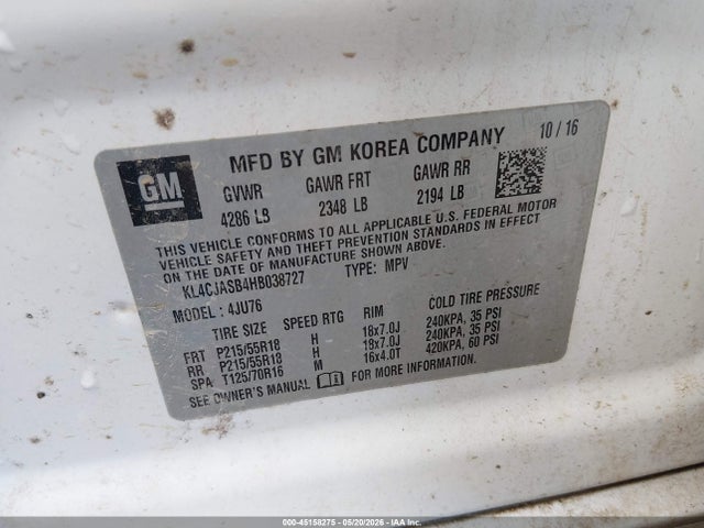 45158275 :رقم المزاد ، KL4CJASB4HB038727 vin ، 2017 Buick Encore Preferred مزاد بيع