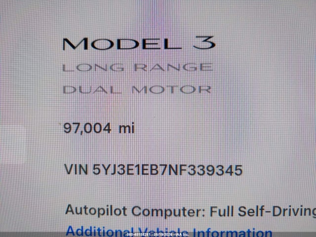 Aukcja sprzedaży 2022 Tesla Model 3 Long Range Dual Motor All-wheel Drive, vin: 5YJ3E1EB7NF339345, numer aukcji: 45158281