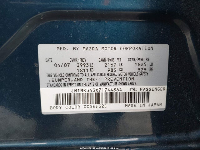 Продаж на аукціоні авто 2007 Mazda Mazda3 S Grand Touring, vin: JM1BK343X71744864, номер лоту: 45158297