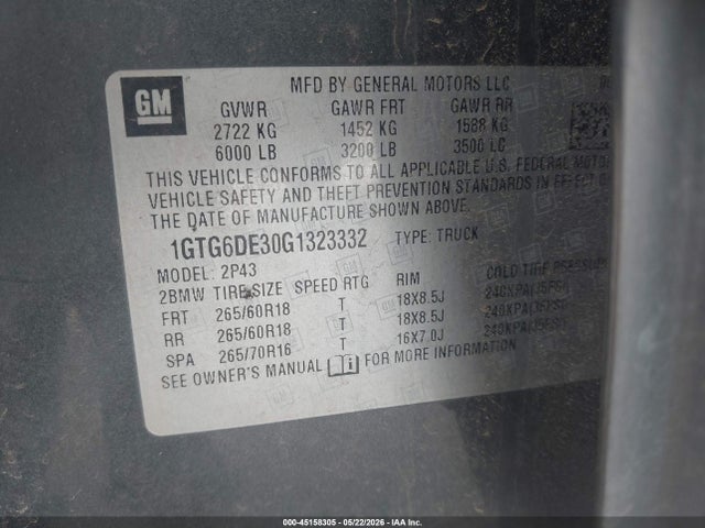 Aukcja sprzedaży 2016 Gmc Canyon Slt, vin: 1GTG6DE30G1323332, numer aukcji: 45158305