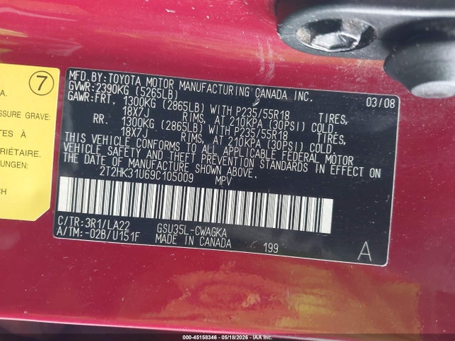Aukcja sprzedaży 2009 Lexus Rx 350, vin: 2T2HK31U69C105009, numer aukcji: 45158346