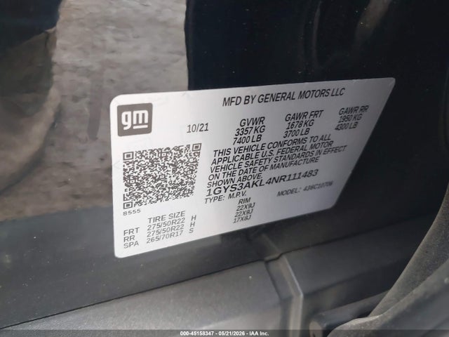 2022 Cadillac Escalade 2wd Luxury მანქანა იყიდება აუქციონზე, vin: 1GYS3AKL4NR111483, აუქციონის ნომერი: 45158347