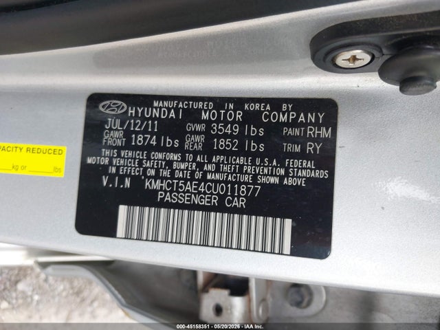 Продаж на аукціоні авто 2012 Hyundai Accent Gs, vin: KMHCT5AE4CU011877, номер лоту: 45158351
