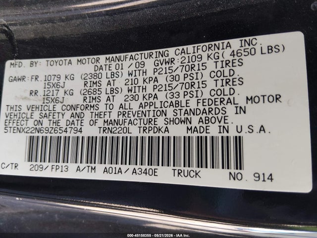 Продажа на аукционе авто 2009 Toyota Tacoma, vin: 5TENX22N69Z654794, номер лота: 45158355
