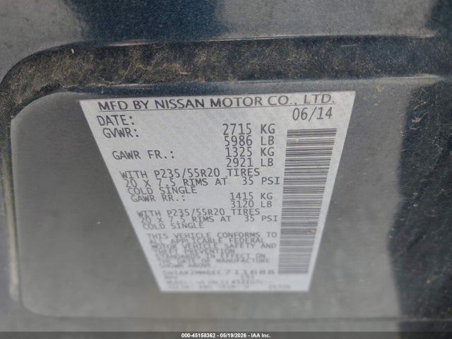 Продаж на аукціоні авто 2014 Nissan Pathfinder Platinum, vin: 5N1AR2MM6EC711688, номер лоту: 45158362