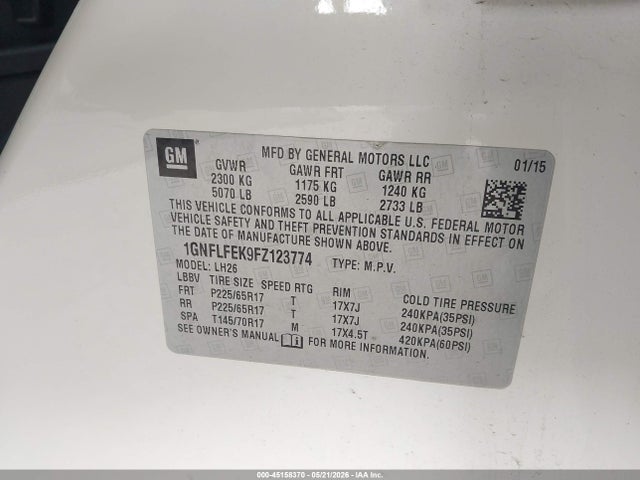 Aukcja sprzedaży 2015 Chevrolet Equinox 1lt, vin: 1GNFLFEK9FZ123774, numer aukcji: 45158370