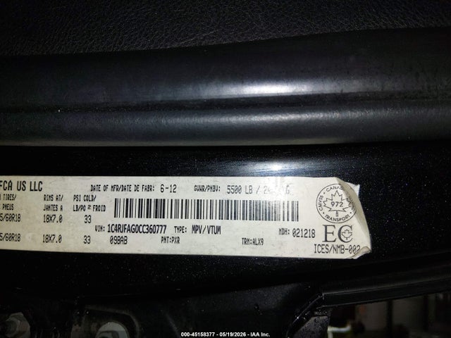 45158377 :رقم المزاد ، 1C4RJFAG0CC360777 vin ، 2012 Jeep Grand Cherokee Laredo مزاد بيع
