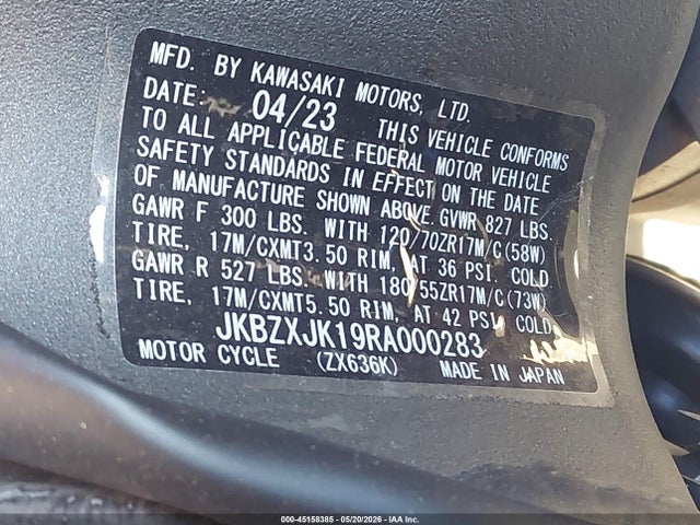 Продаж на аукціоні авто 2024 Kawasaki Zx636 K, vin: JKBZXJK19RA000283, номер лоту: 45158385