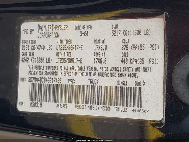 Aukcja sprzedaży 2004 Dodge Ram 3500 Slt/laramie, vin: 3D7MA48C84G217405, numer aukcji: 45158398