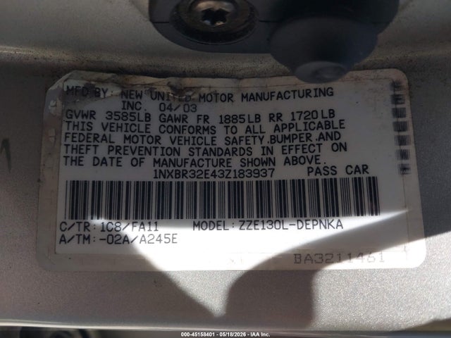 Aukcja sprzedaży 2003 Toyota Corolla Le, vin: 1NXBR32E43Z183937, numer aukcji: 45158401