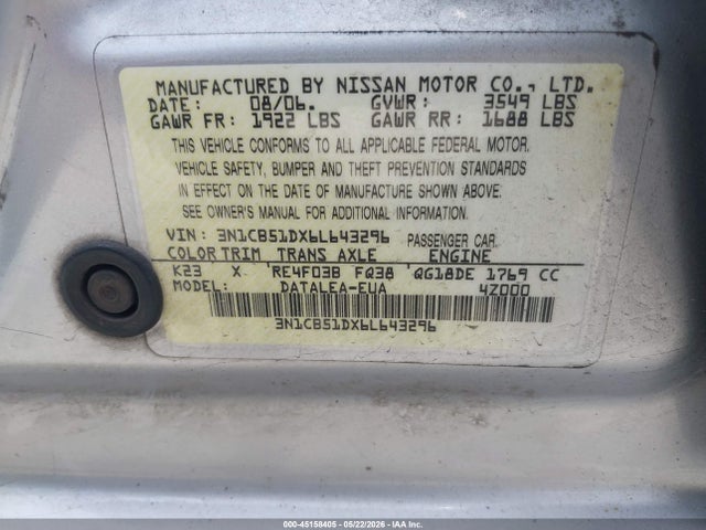 Aukcja sprzedaży 2006 Nissan Sentra 1.8s, vin: 3N1CB51DX6L643296, numer aukcji: 45158405