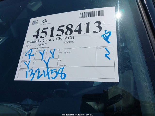 Aukcja sprzedaży 2016 Nissan Rogue Sv, vin: KNMAT2MV3GP654943, numer aukcji: 45158413