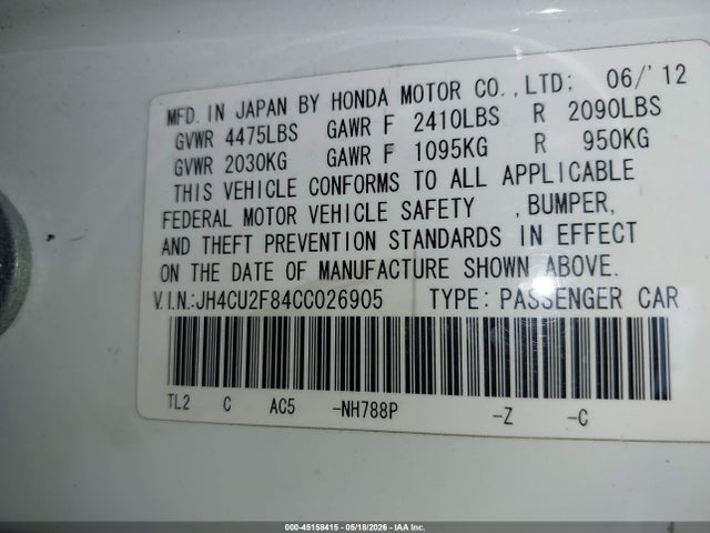 2012 Acura Tsx 2.4 მანქანა იყიდება აუქციონზე, vin: JH4CU2F84CC026905, აუქციონის ნომერი: 45158415