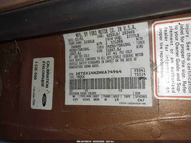 45158416 :رقم المزاد ، 1FTEX14N2MKA74964 vin ، 1991 Ford F150 مزاد بيع