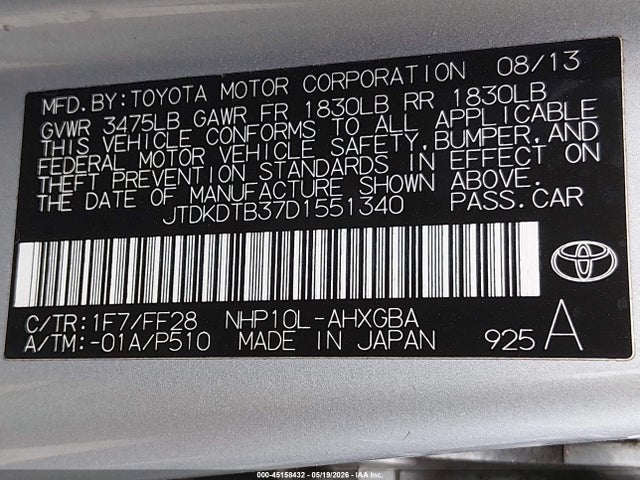 45158432 :رقم المزاد ، JTDKDTB37D1551340 vin ، 2013 Toyota Prius C Three مزاد بيع