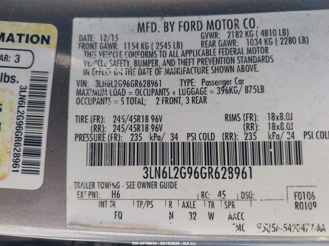 Продажа на аукционе авто 2016 Lincoln Mkz, vin: 3LN6L2G96GR628961, номер лота: 45158434