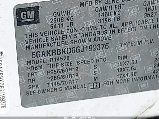 Aukcja sprzedaży 2016 Buick Enclave Leather, vin: 5GAKRBKD6GJ199376, numer aukcji: 45158435