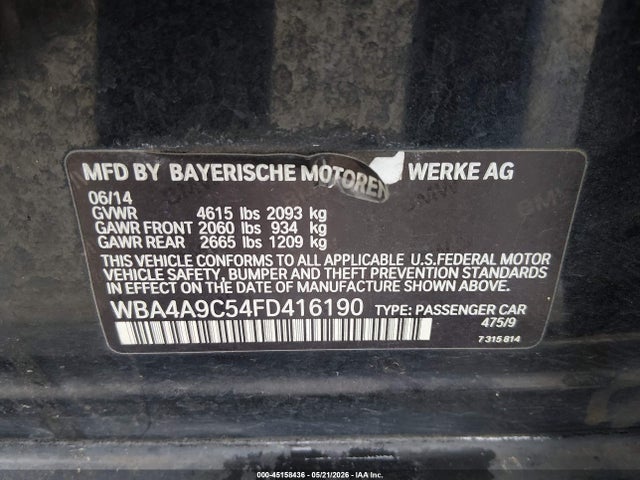 45158436 :رقم المزاد ، WBA4A9C54FD416190 vin ، 2015 Bmw 428 Gran Coupe مزاد بيع