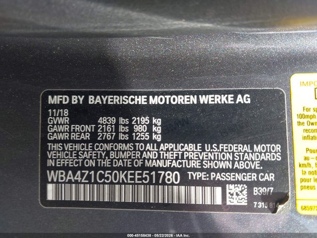 45158438 :رقم المزاد ، WBA4Z1C50KEE51780 vin ، 2019 Bmw 430i مزاد بيع