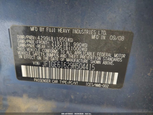 2009 Subaru Impreza 2.5i მანქანა იყიდება აუქციონზე, vin: JF1GE61629H504415, აუქციონის ნომერი: 45158442