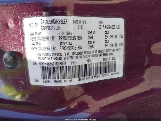 Auction sale of the 2001 Chrysler Pt Cruiser, vin: 3C8FY4BB41T636058, lot number: 45158459