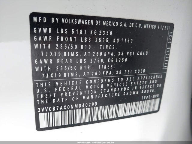 45158471 :رقم المزاد ، 3VVCB7AX0NM040290 vin ، 2022 Volkswagen Tiguan 2.0t Se R-line Black مزاد بيع