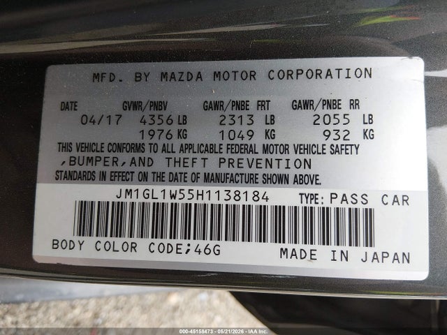 2017 Mazda Mazda6 Grand Touring მანქანა იყიდება აუქციონზე, vin: JM1GL1W55H1138184, აუქციონის ნომერი: 45158473