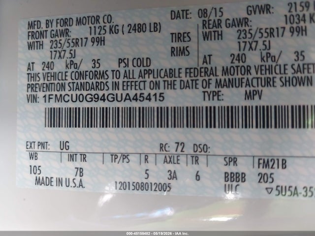 1FMCU0G94GUA45415 Ford ESCAPE SE