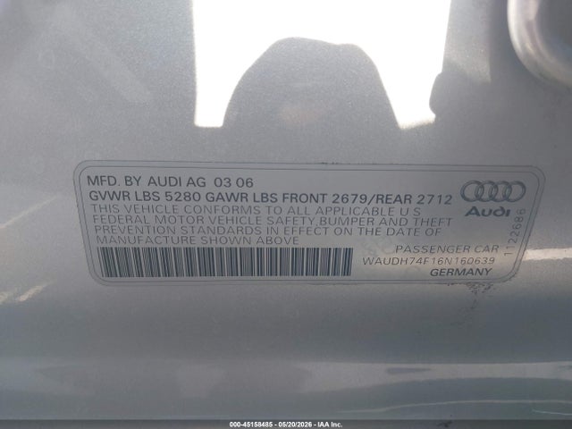 Продаж на аукціоні авто 2006 Audi A6 3.2, vin: WAUDH74F16N160639, номер лоту: 45158485