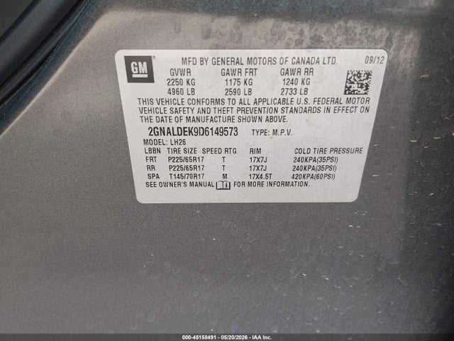 Продаж на аукціоні авто 2013 Chevrolet Equinox 1lt, vin: 2GNALDEK9D6149573, номер лоту: 45158491