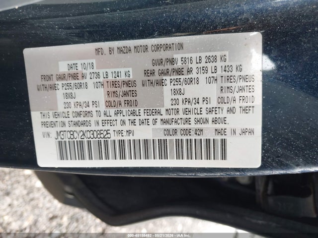 Aukcja sprzedaży 2019 Mazda Cx-9 Touring, vin: JM3TCBCY2K0308525, numer aukcji: 45158492