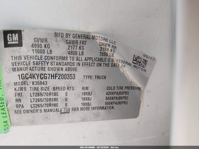 Aukcja sprzedaży 2017 Chevrolet Silverado 3500hd Wt, vin: 1GC4KYCG7HF200353, numer aukcji: 45158494