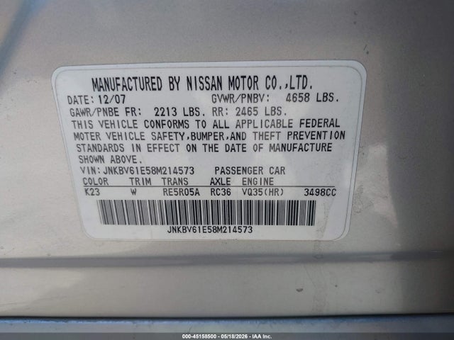 Продаж на аукціоні авто 2008 Infiniti G35 Journey, vin: JNKBV61E58M214573, номер лоту: 45158500