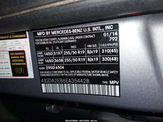 2014 Mercedes-benz Ml 350 Bluetec 4matic მანქანა იყიდება აუქციონზე, vin: 4JGDA2EB6EA354428, აუქციონის ნომერი: 45158504