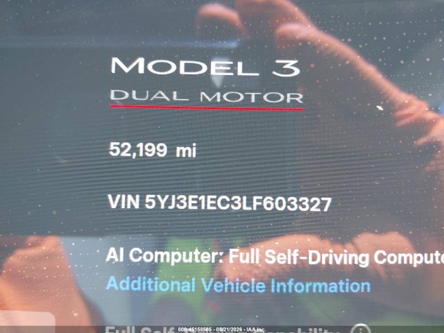 45158505 :رقم المزاد ، 5YJ3E1EC3LF603327 vin ، 2020 Tesla Model 3 Performance Dual Motor All-wheel Drive مزاد بيع