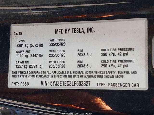 45158505 :رقم المزاد ، 5YJ3E1EC3LF603327 vin ، 2020 Tesla Model 3 Performance Dual Motor All-wheel Drive مزاد بيع